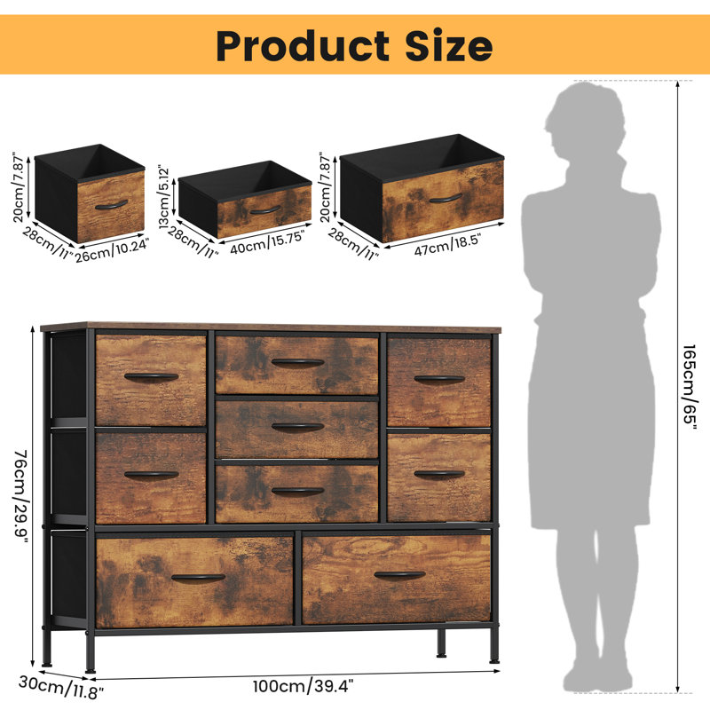 100 cm W Chest of 9 Drawers, Oak Brown