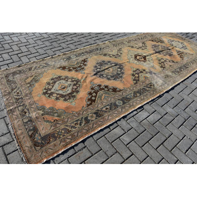 Tapis en laine, tapis géométrique, tapis de couloir brun 4,7 x 12,8 pi, tapis rétro, tapis turc
