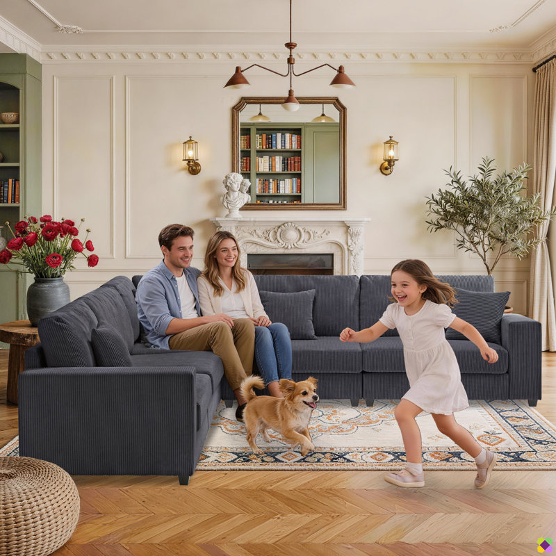  Wartow 108.5"W Corduroy Upholstered 5 - Piece Sectional, RAF, LAF, Symmetrical, Dark Gray Corduroy