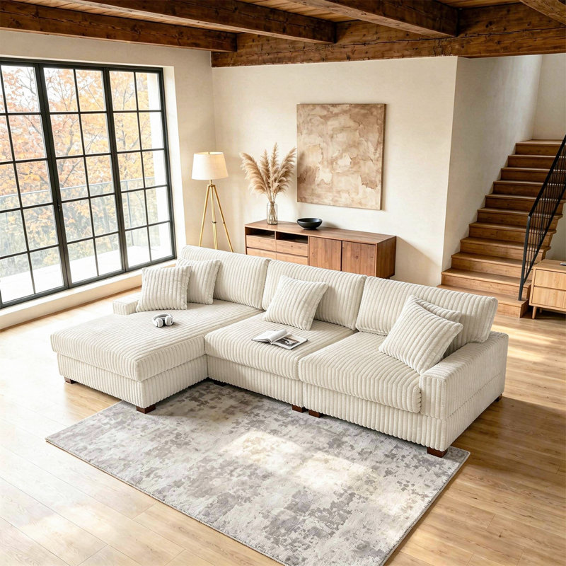 3 - Piece Upholstered White Faux Rabbit Fur Flannel Modular Sectional Sofa with Armrests & Throw Pillows