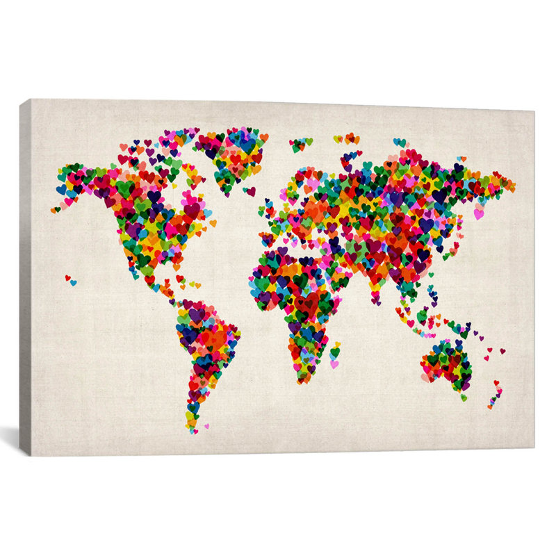 «World Map Hearts II», impression sur toile, H 27 po x l 41 po x P 1,5 po, Toile tendue, Pas de tapis