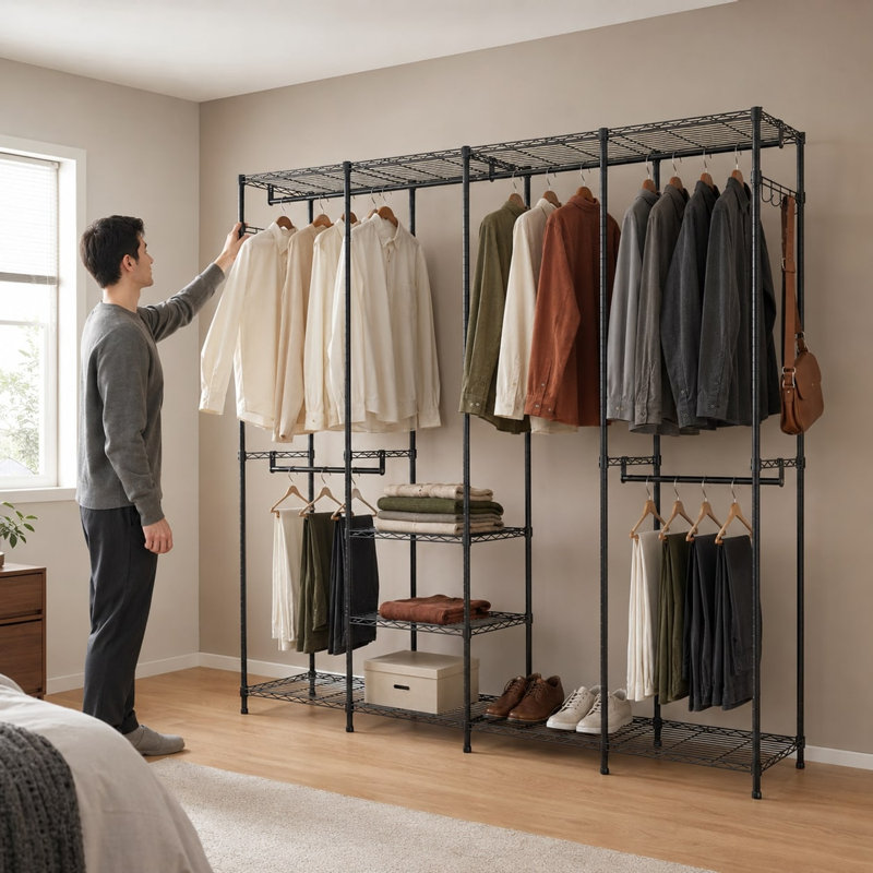 195cm 4 Column Wire Wardrobe with 4 Rails 6 Shelves and Side Hooks, Black