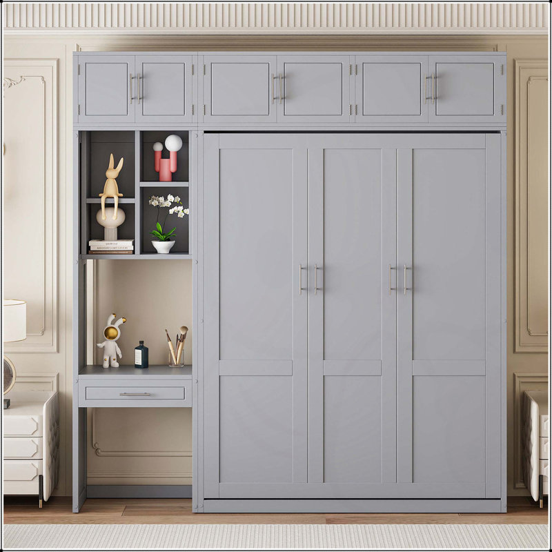 Wall Murphy Bed with Desk, Gray, Queen
