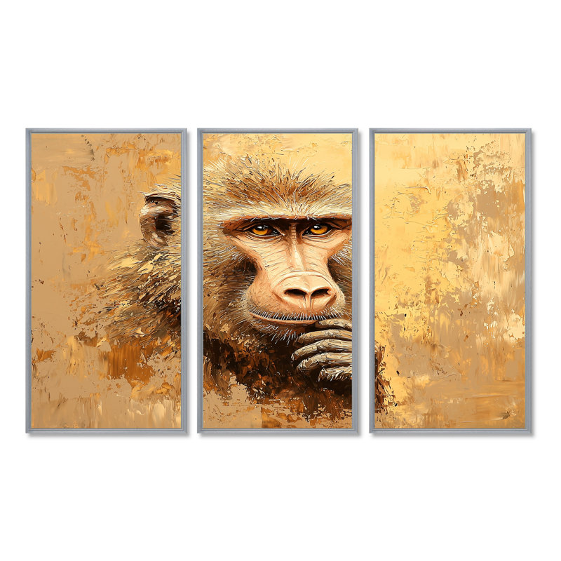 «Intelligent Gaze Of Baboon III», ensemble de reproduction d'art mural singe, Argent argent, Reproduction avec cadre flottant