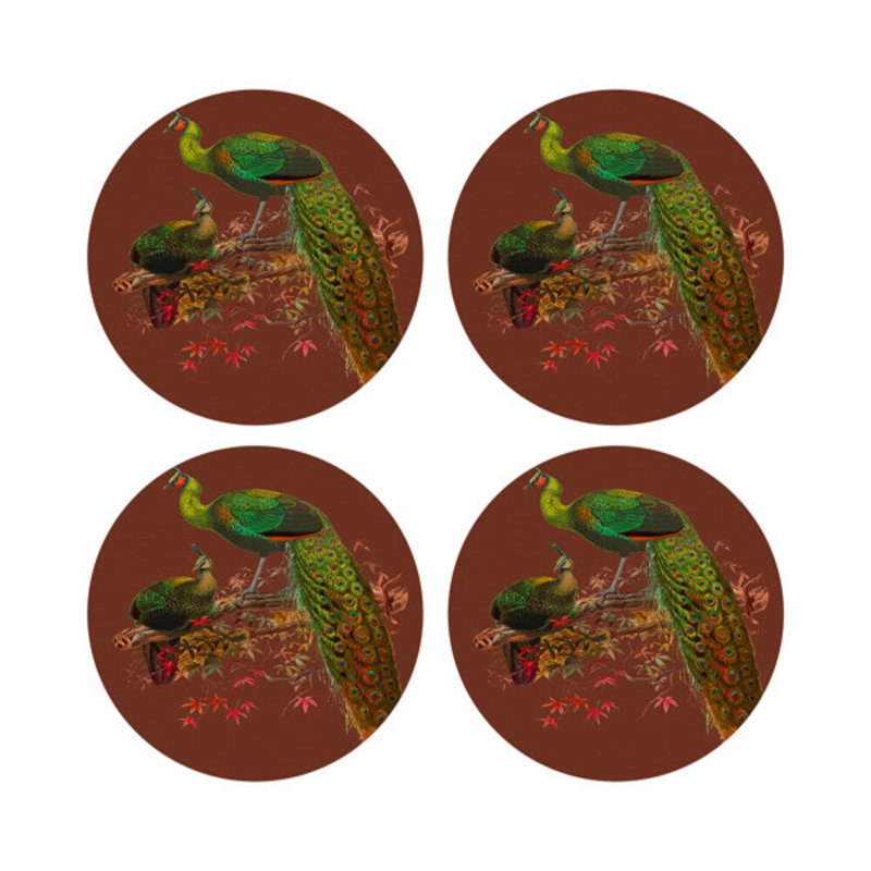 Family Pheasants Vegan Leather Round Pebble Placemat, Rust