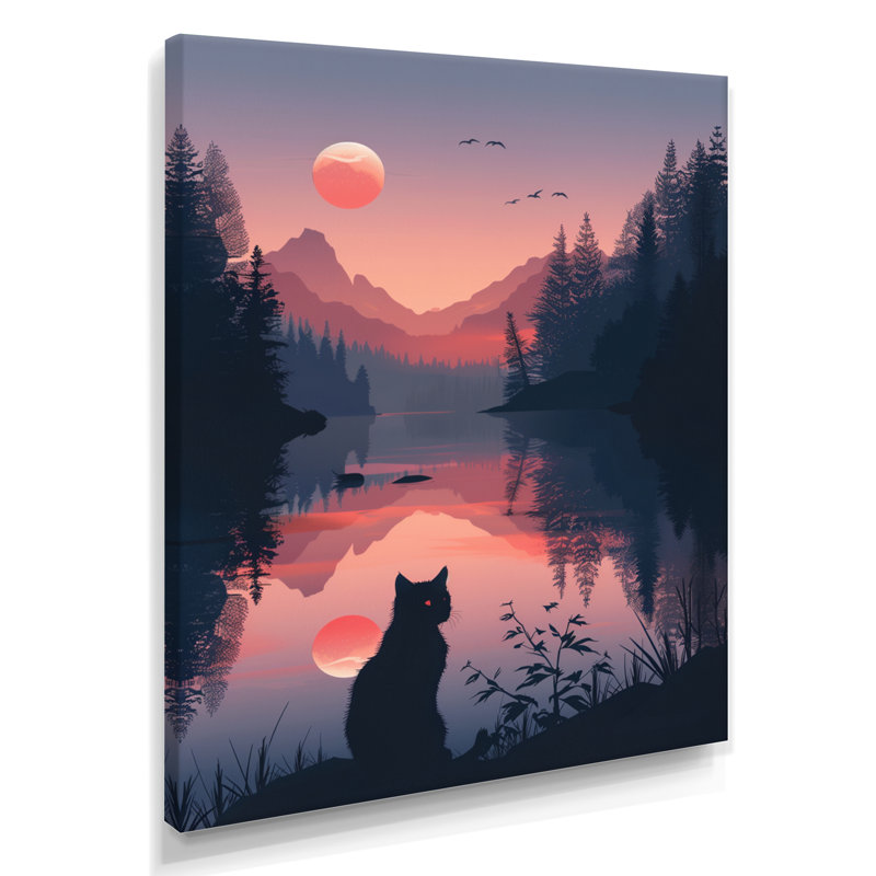 Silhouette de chat rose noir Sunset Lake I - décoration murale chat, Toile tendue, H 40 po x l 30 po