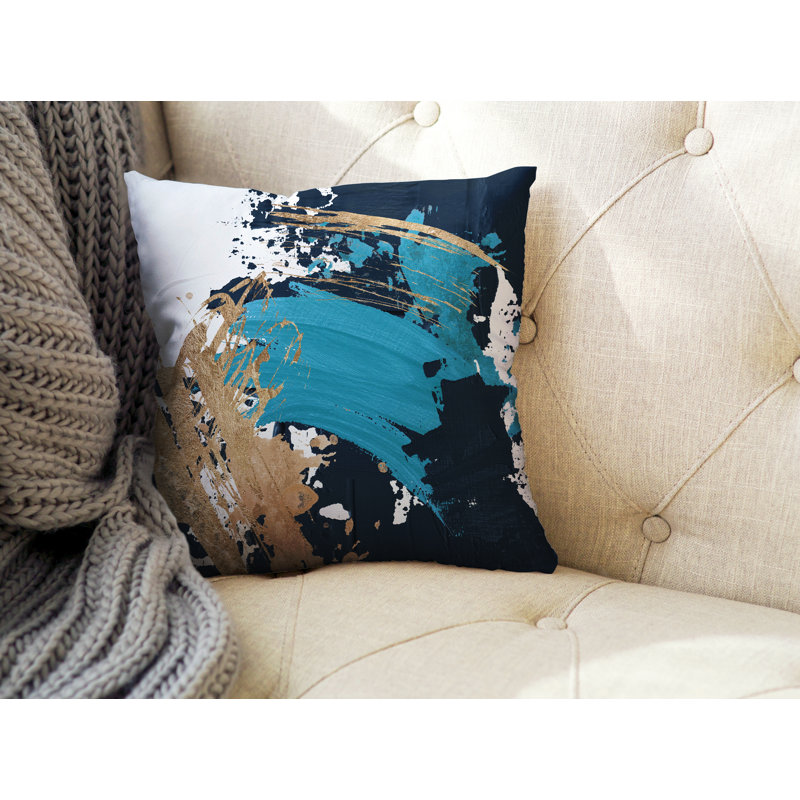 Wintta Abstract Outdoor Reversible Throw Pillow, 15W" x 15H", Turquoise/Navy Blue/Gold