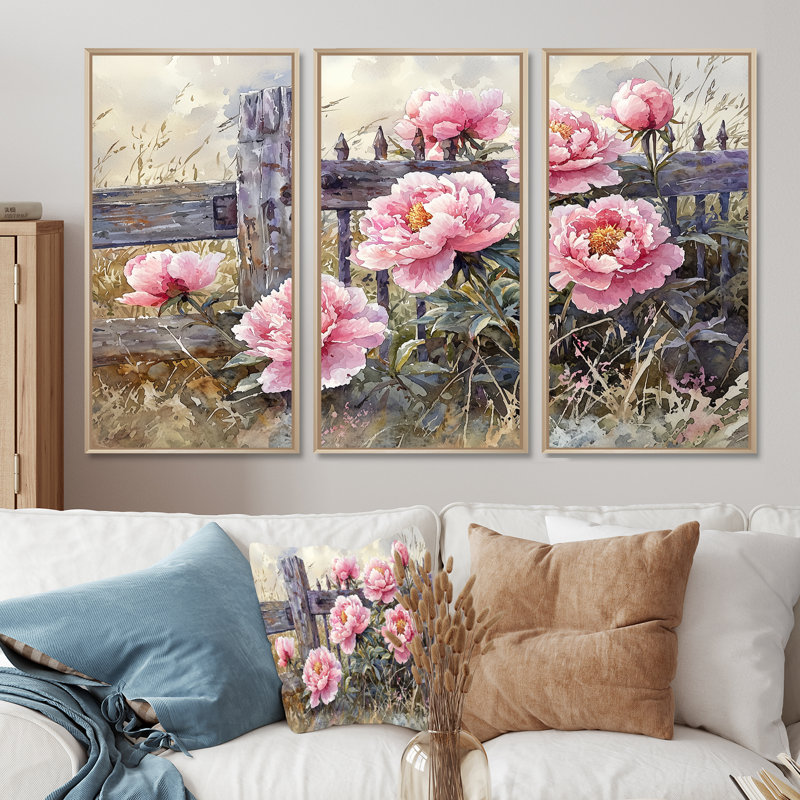 Pivoines par la porte de la ferme I - art mural pivoines - ensemble de 3, H 32 po x l 48 po, Érable