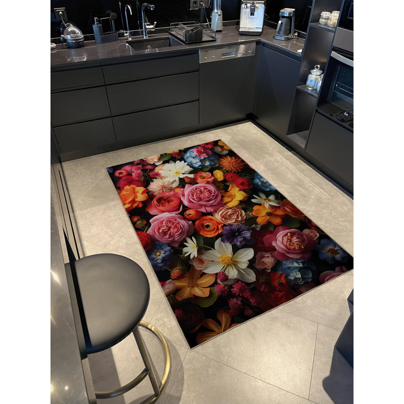 Tapis décoratif moderne multicolore à motif floral marguerite rose, Rectangle 4 pi 11,06 po x 7 pi 6,55 po
