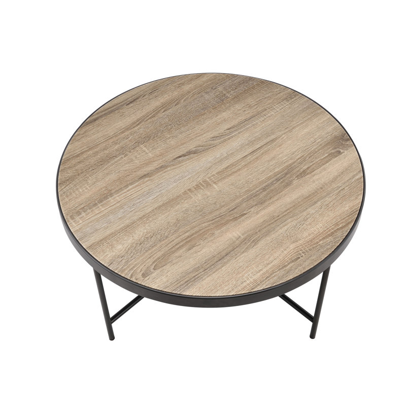 Table basse à garniture en métal et bois rond aspect bois de chêne gris patiné