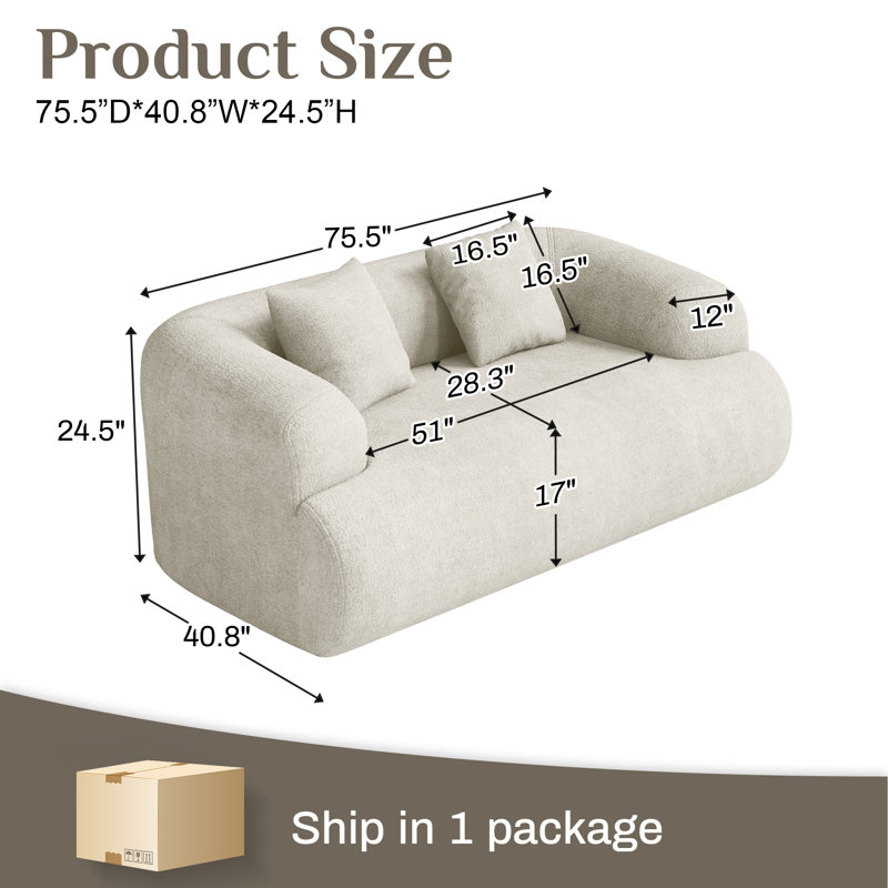 Canapé à compression Boneless, Beige, H 24,5 po x l 75,5 po x P 40,8 po
