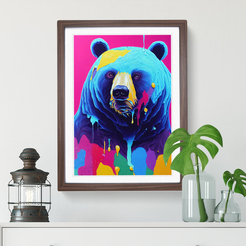 Colourful Bear No.4 - Wall Art, 66cm H x 48cm W x 2cm D, Walnut Framed, White