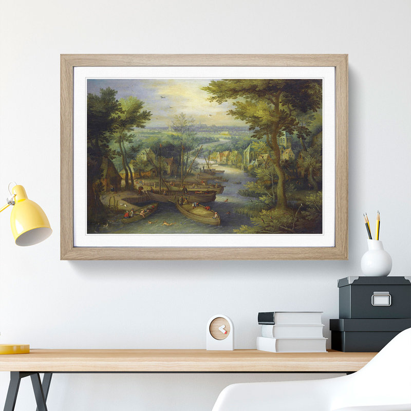 River Landscape by Pieter Bruegel the Elder - Picture Frame Painting, 48cm H x 65cm W x 2cm D, Oak Framed