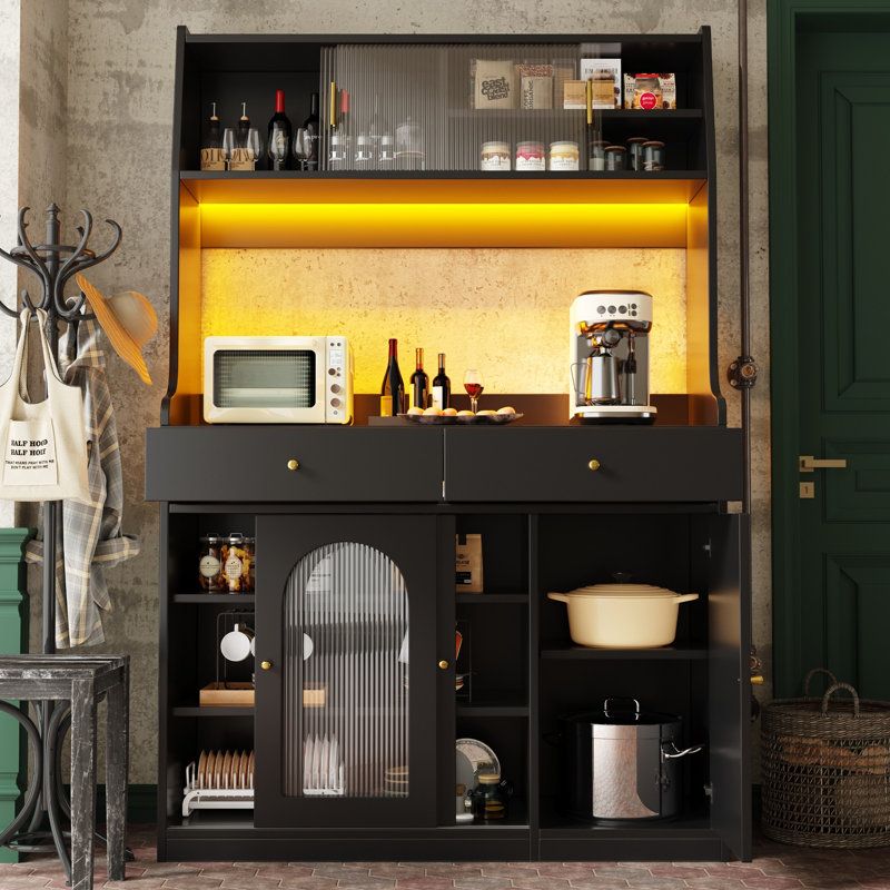 120×40×180cm Black Tall Display Buffet Cabinet with Sliding Glass Doors, App-Controlled Color-Changing LED, 2 Drawers & Adjustable Inner Shelves