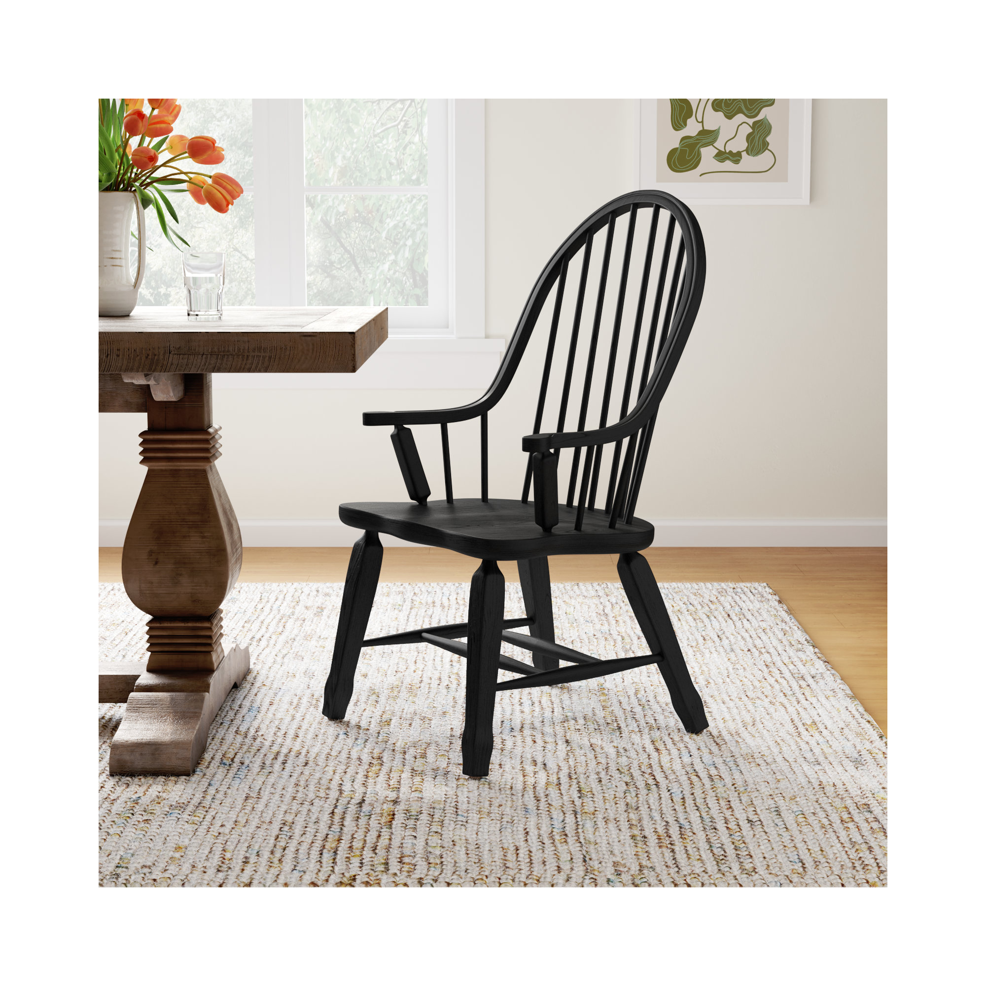 Makira Windsor Back Arm Chair, Black
