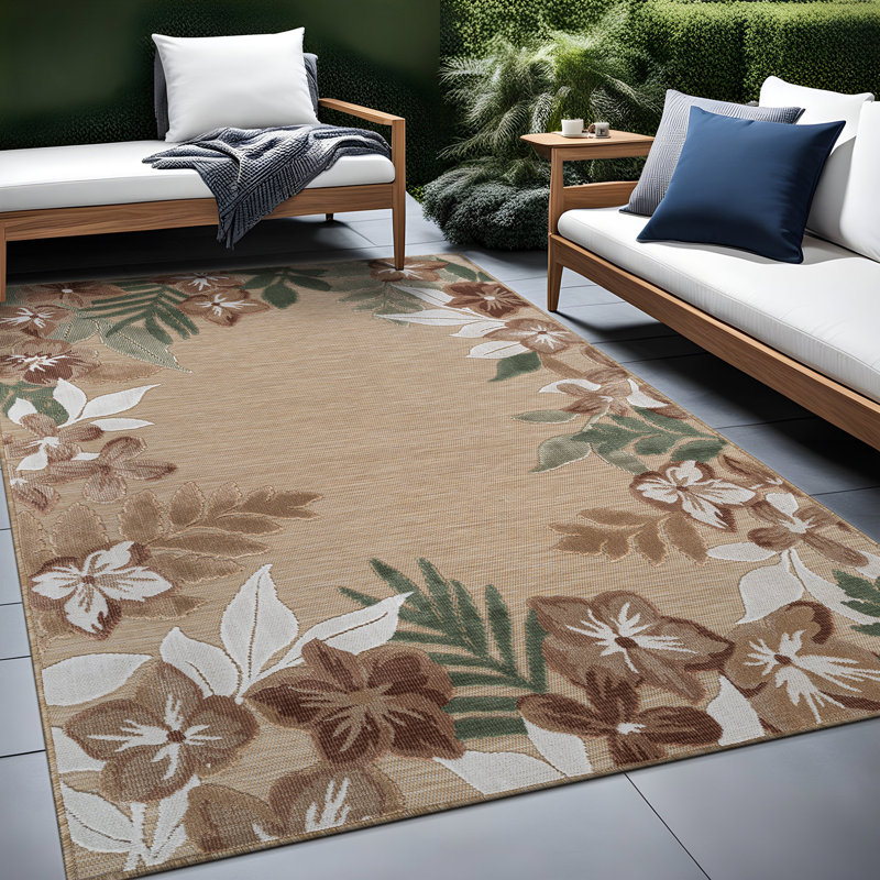 Tapis floral d'intérieur pour l'extérieur, Beige, Rectangle 6' x 9'
