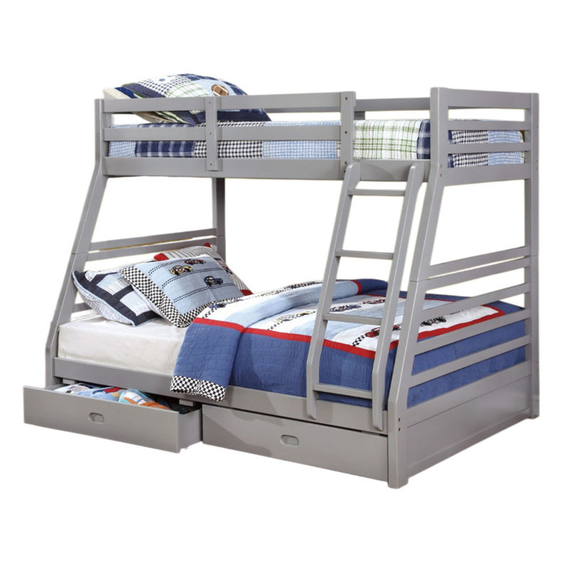 Lit superposé moderne au-dessus d'un lit double transitionnel avec deux grands tiroirs de rangement pour échelle en bois massif gris