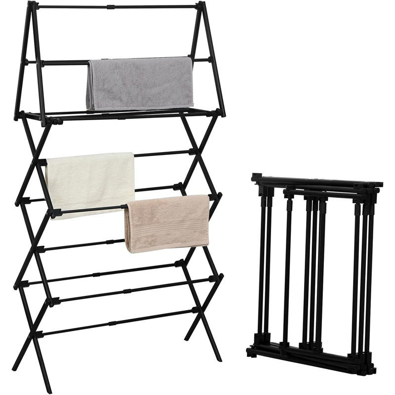 Séchoir à linge pliable à 4 niveaux, noir, pliable, conception en métal robuste extensible pour salle de lavage ou dortoir, style utilitaire moderne