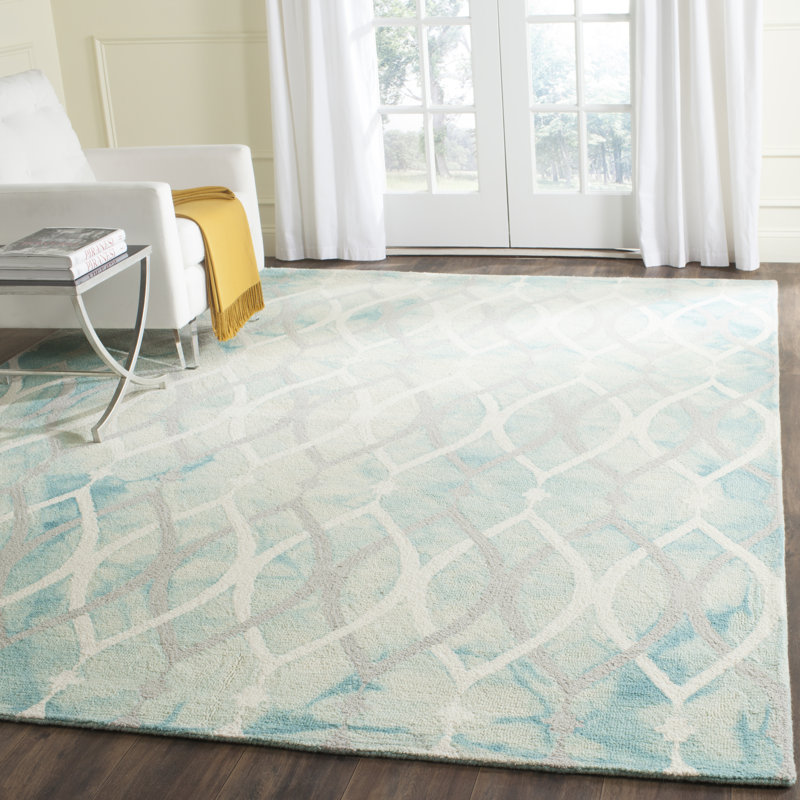 Tapis vert / ivoire touffeté à la main à motif géométrique Amekia, Rectangle 8 pi x 10 pi
