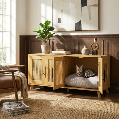 Aldercrest Mid-Century Modern Rubber Wood Rattan Cat Litter Box Enclosure Cabinet