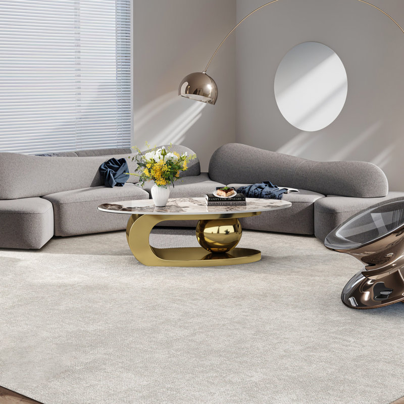 Hannie 51" Modern Luxury Marble Coffee Table with Metal Pedestal Base, Pandora, Gold