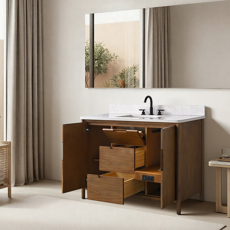 Meuble-lavabo autoportant à simple cuve 48 po avec dessus en pierre reconstituée, centrale électrique cachée, support de chargement USB et support pour sèche-cheveux Lucerne 