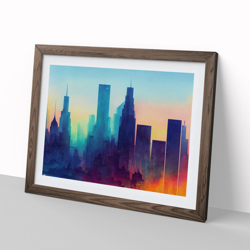 Watercolour City Skyline Vol.4 Abstract 1 Piece Single Picture Frame Painting, 34cm H x 46cm W x 2cm D, Walnut Framed
