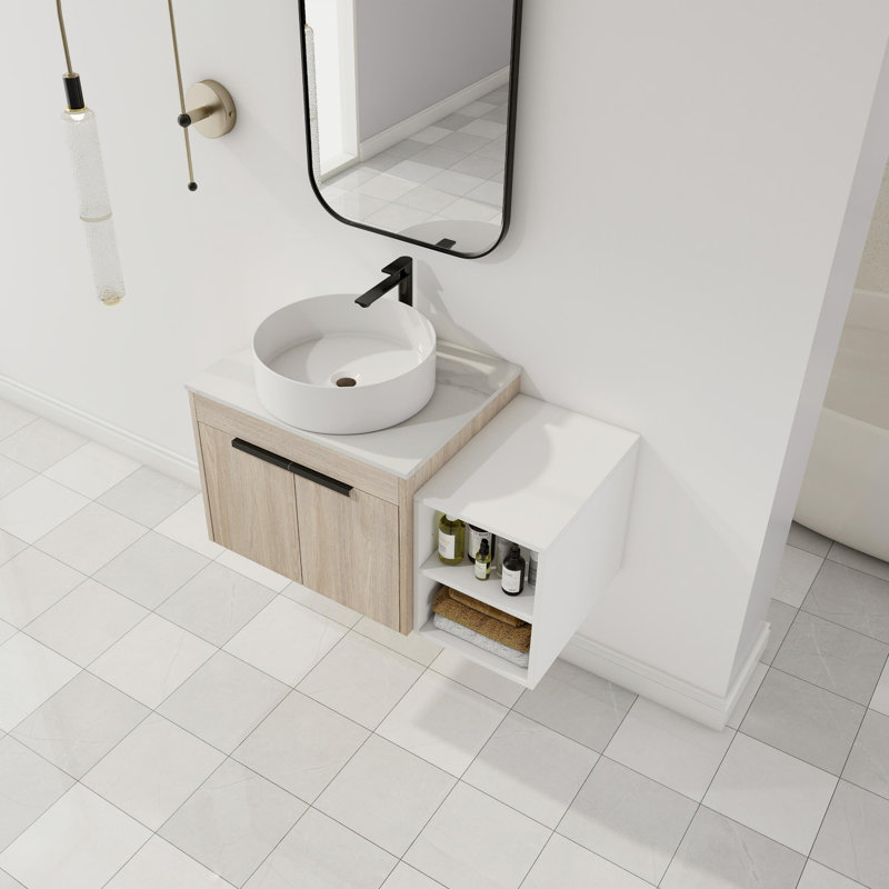 Meuble-lavabo mural 36 po avec lavabo en céramique et tablettes latérales