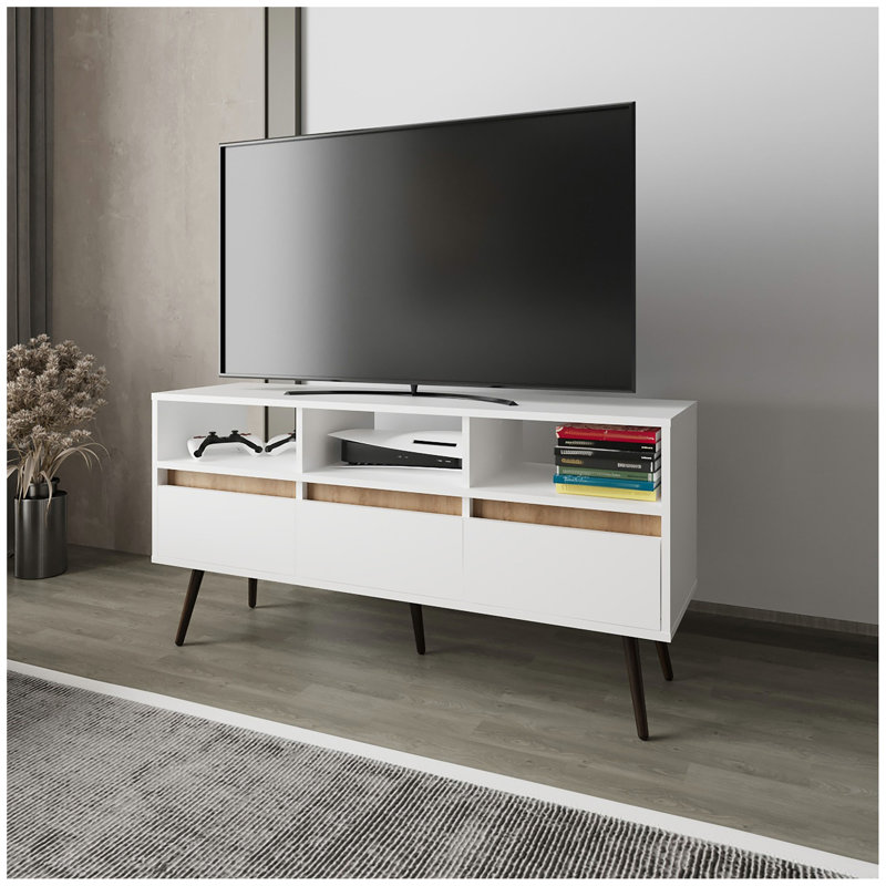 Meuble télé Picacho avec rangement, 3 tiroirs et 3 tablettes, blanc et chêne naturel.