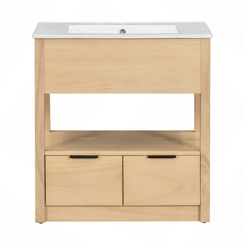 30" Bathroom Vanity With Sink Top, Bathroom Cabinet With Open Storage Shelf And Two Drawers, One Package