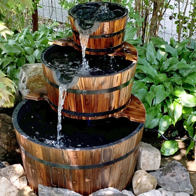 Wood Barrel Weather-Resistant Brown 3-Tier Outdoor Water Fountain