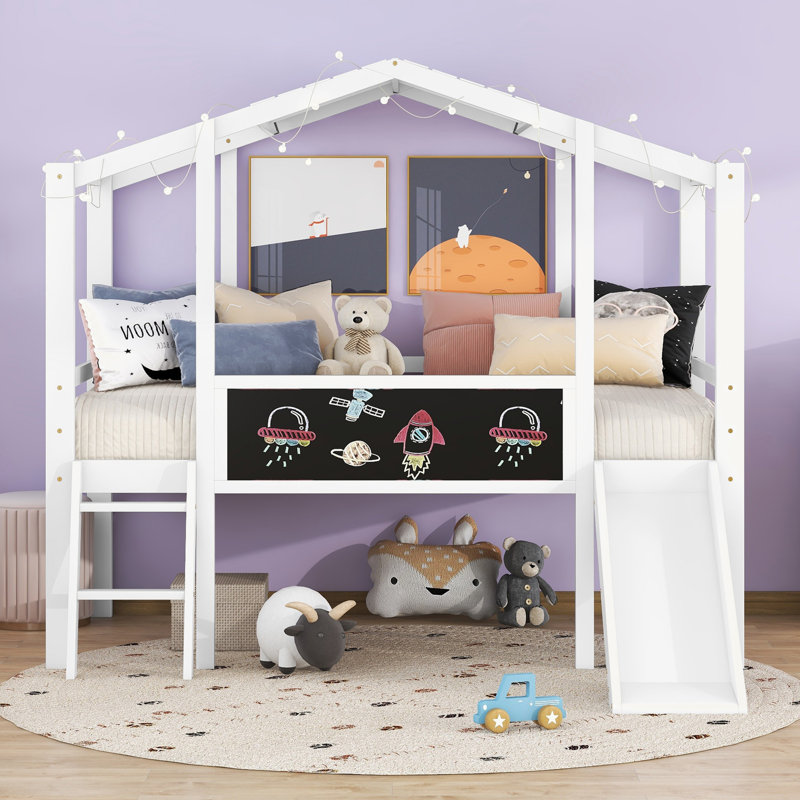 Crone Kids Twin House Loft Bed with Lights, Blackboard and Slides, White