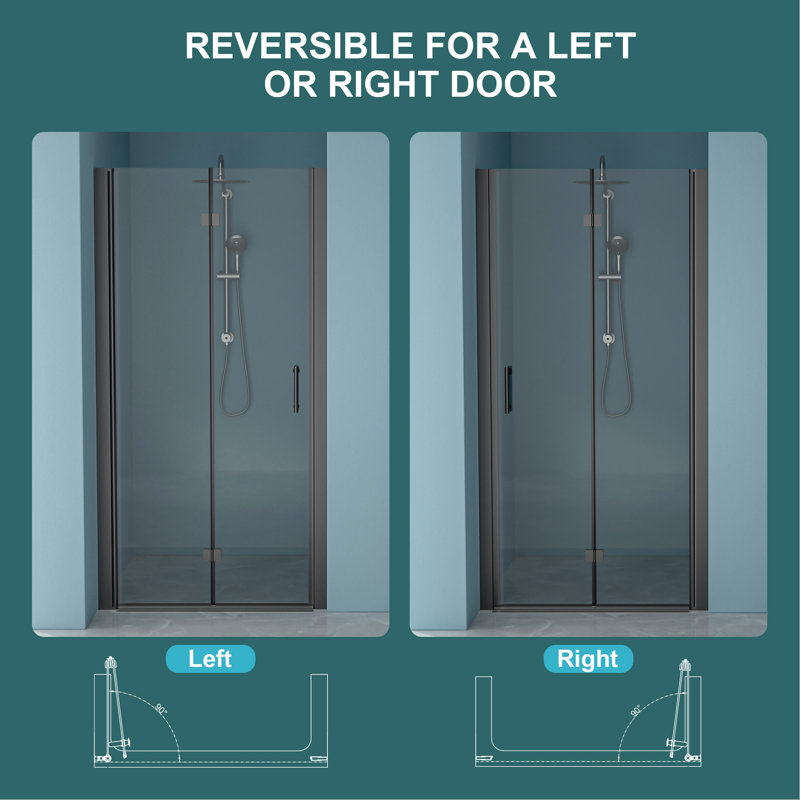 30"W X 72"H Fold Frameless Shower Door With Tempered Glass, Black