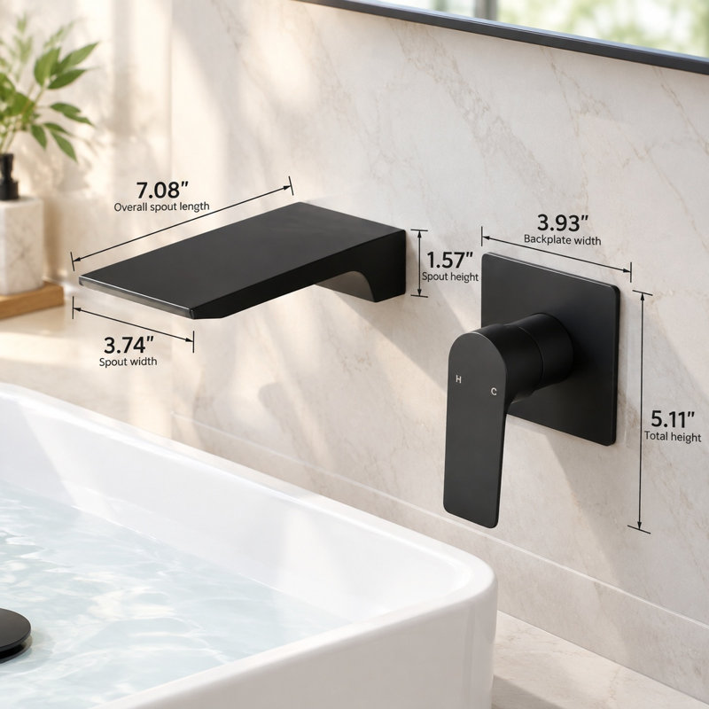Robinet de lavabo mural noir mat avec bec en cascade et robinet d'encastrement