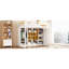 Lit mezzanine simple en bois blanc et jaune, rangement fonctionnel avec garde-robe ouverte, tablettes multicouches, armoire fermée, pour chambres à coucher modernes-752934576