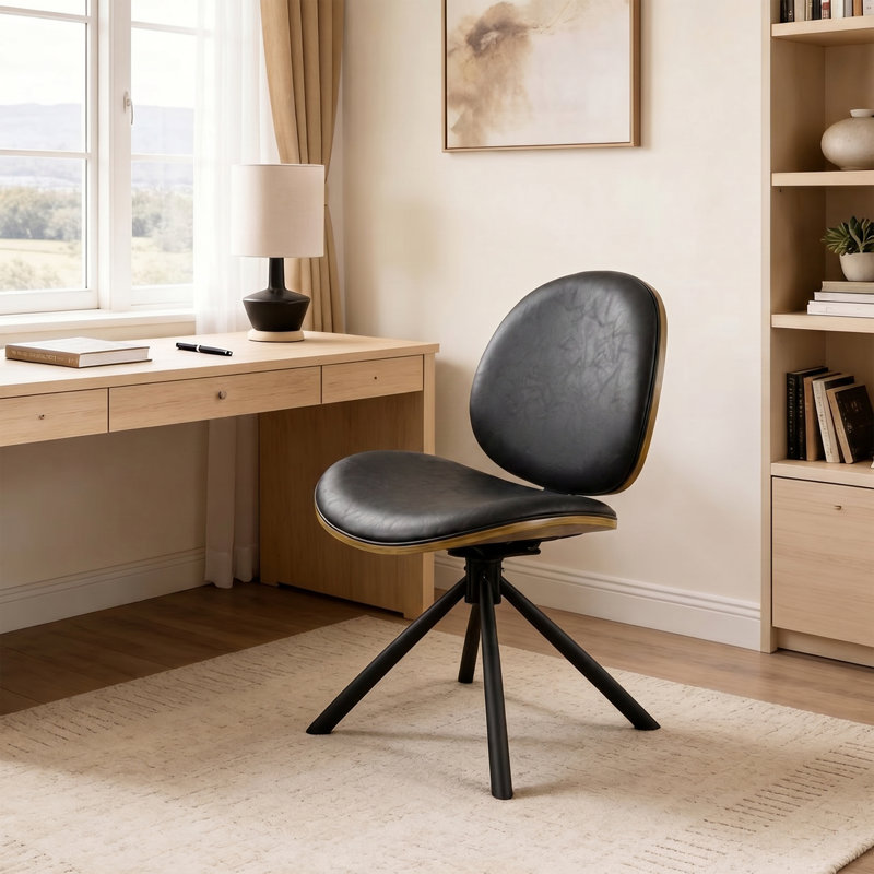  18''H Faux Leather Upholstered Swivel Desk Chair with Curved Wood Back for Home Office, Black, 1