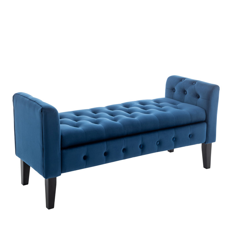Banc de rangement en velours avec pieds en bois d'hévéa Vendrina, Bleu