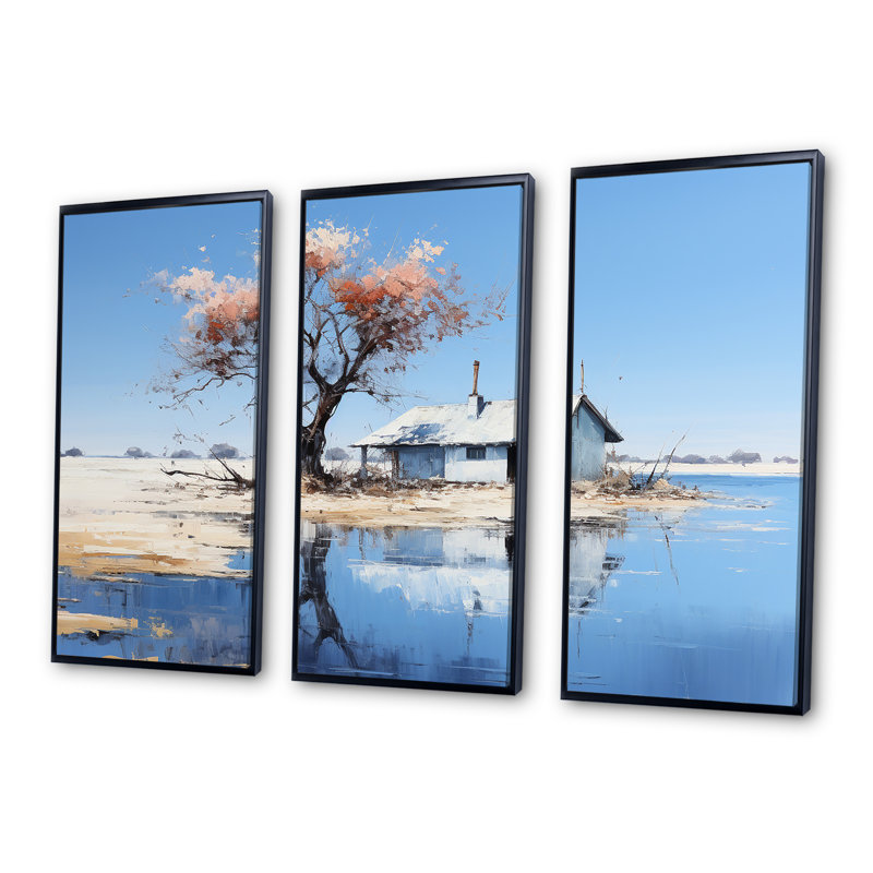 «Minimalisme» Lakefront Cottage Oasis 3 - Paysage, art mural sur toile tendue, Cadre flottant noir