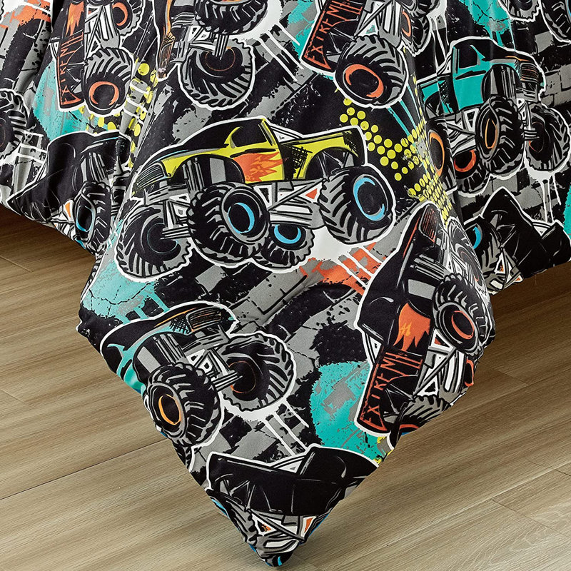 Ensemble d'édredon en microfibre Monster Truck Racing avec coussin décoratif Truck