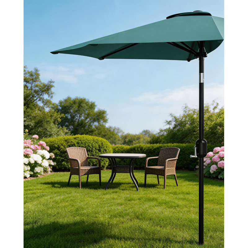 Demi-parasol de patio extérieur 9 pi avec manivelle lisse, Bleu