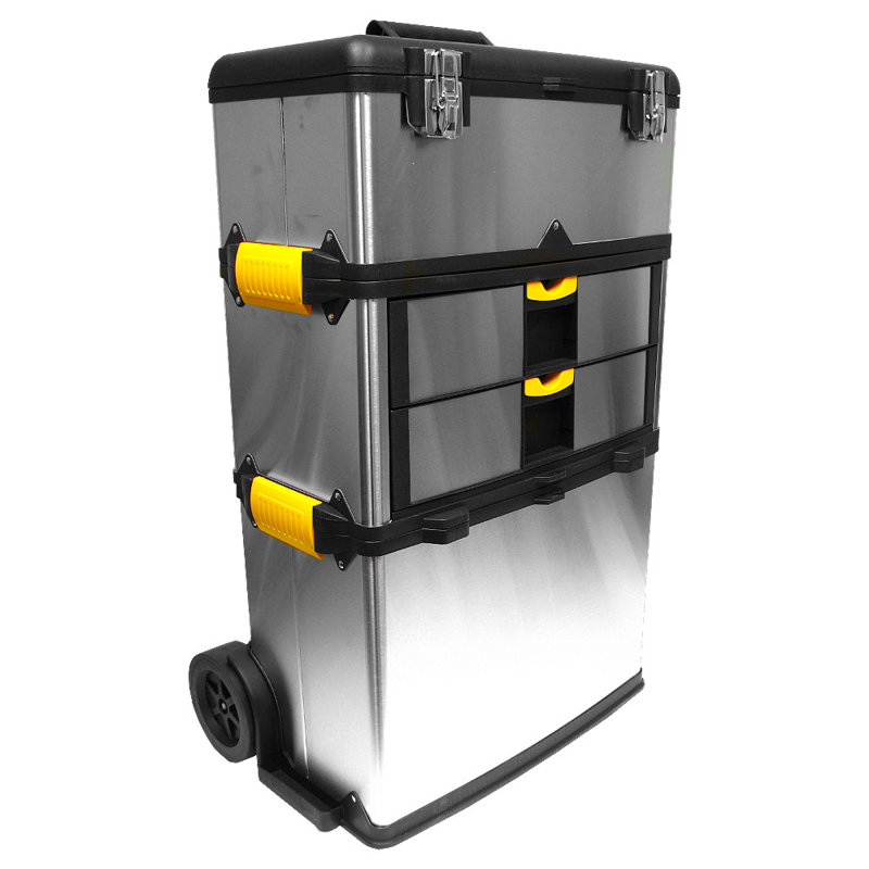 Boîte à outils portable en 3 parties - Organisateur de tiroir en acier inoxydable avec roues, poignée extensible et loquets robustes - Coffre à outils roulant de Stalwart (argent)