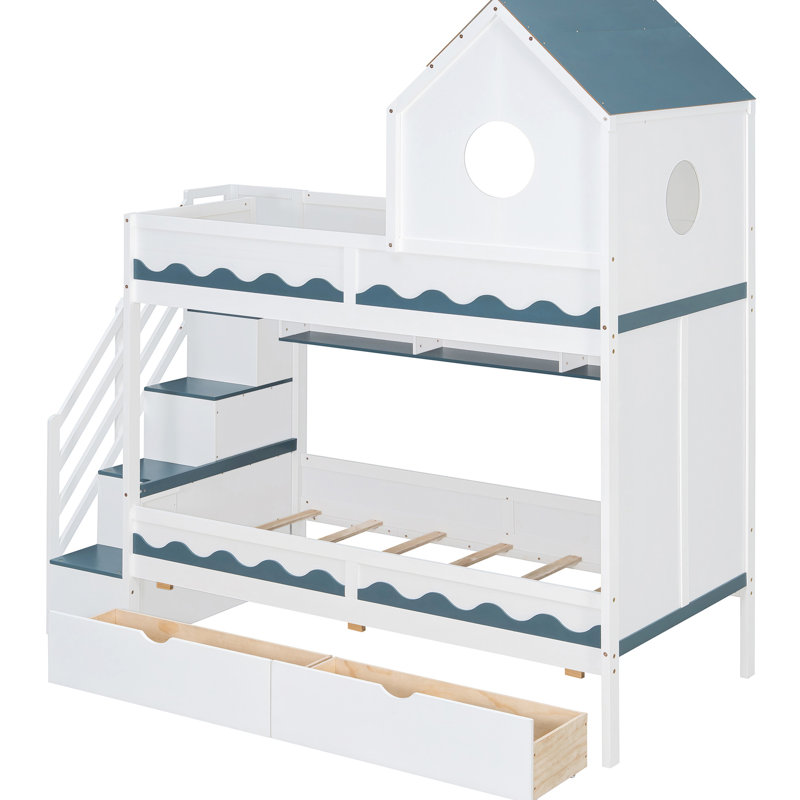 Twin Bunk Bed With House, Drawer, And Led, Bold Color Contrast, Wave - Side, White Style, For 'S Bedrooms Enchanting Style Top, Staircase Storage, Led Lighting, Side Panel, Suitable Shared