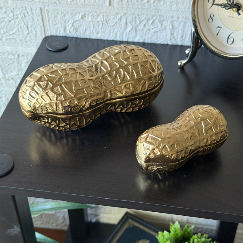 Boîtes décoratives éclectiques dorées en forme d'arachides, en aluminium moulé texturé, lot de 2, 16,5 cm de large