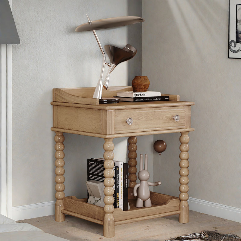 Retro Style Nightstand With 1 Drawer, An Open Shelf, Turned Legs And Metal Handles