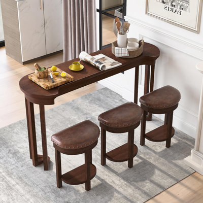 Ensemble de table de bar 4 pièces avec 3 tabourets de bar rembourrés en polyuréthane, table de petit-déjeuner avec 3 tabourets rembourrés, ensemble de table de salle à manger à hauteur de comptoir en bois massif pour le salon, la salle à manger.  Cerise