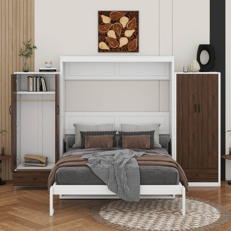 Lit escamotable double pleine grandeur avec placard, tiroirs et table