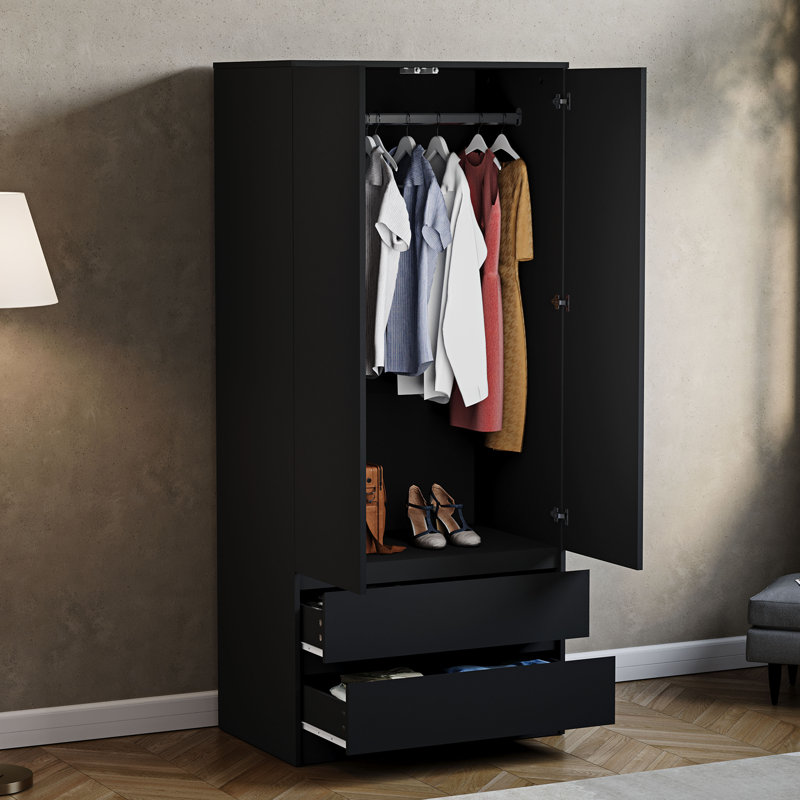 Cunha 2 Door MDF & Particleboard Wardrobe, Black