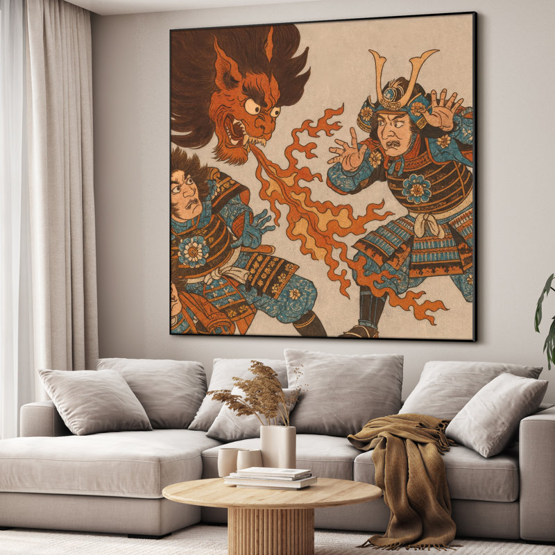 Reproduction d'art extra large Samurai contre démon - scène de combat traditionnelle de style ukiyô-e japonais, décoration artistique audacieuse pour le salon ou la chambre à coucher, assemblage de cadre requis