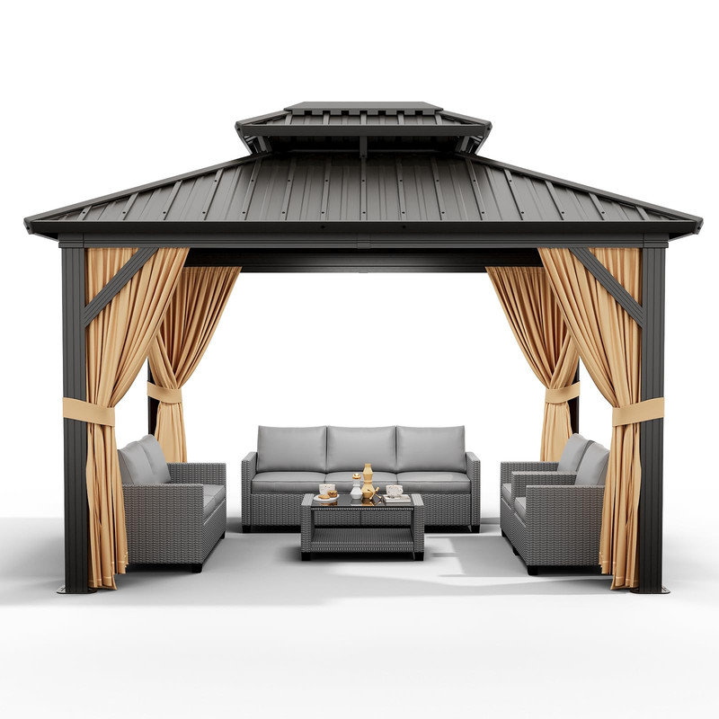 Hardtop Gazebo 10' x 12' Double Roof Aluminum Pavilion with Mosquito Netting and Curtains - All-Weather Patio Canopy for Backyard and Lawn