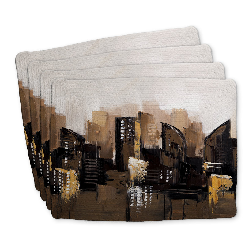 Ensemble de 4 napperons en polyester tressé - Paysage urbain abstrait brun